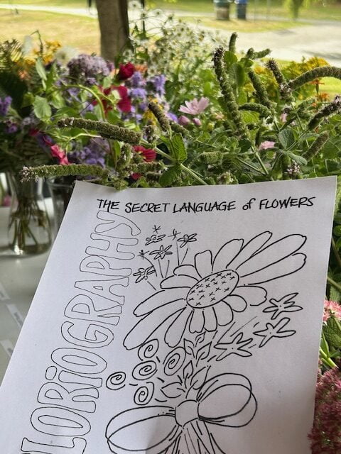 Floriography worksheet with a bucket of flowers