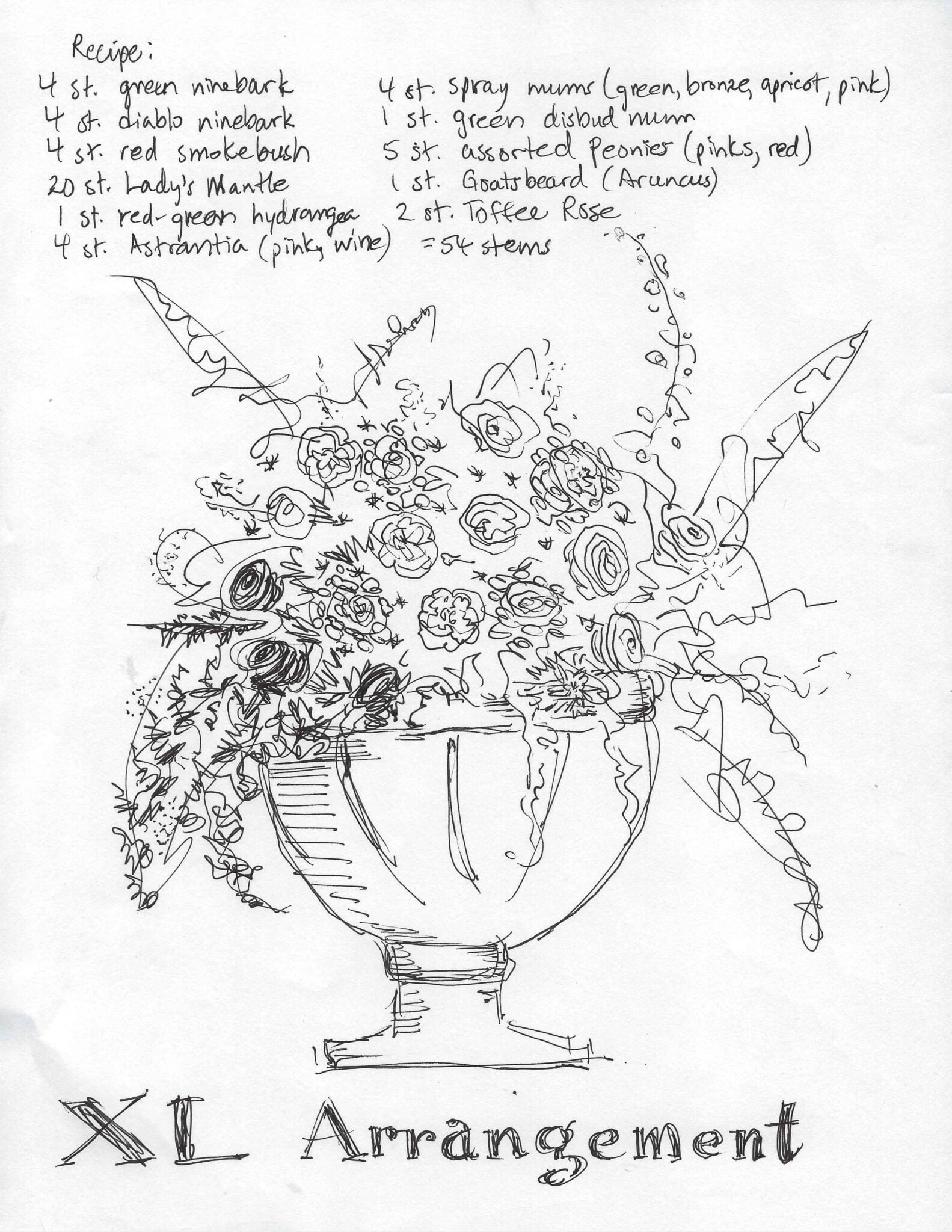 Sketch of a floral arrangement with the recipe ingredients. 