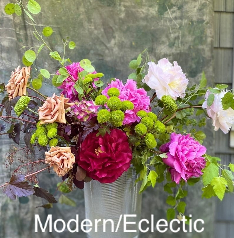 Floral arrangement in a modern eclectic style.