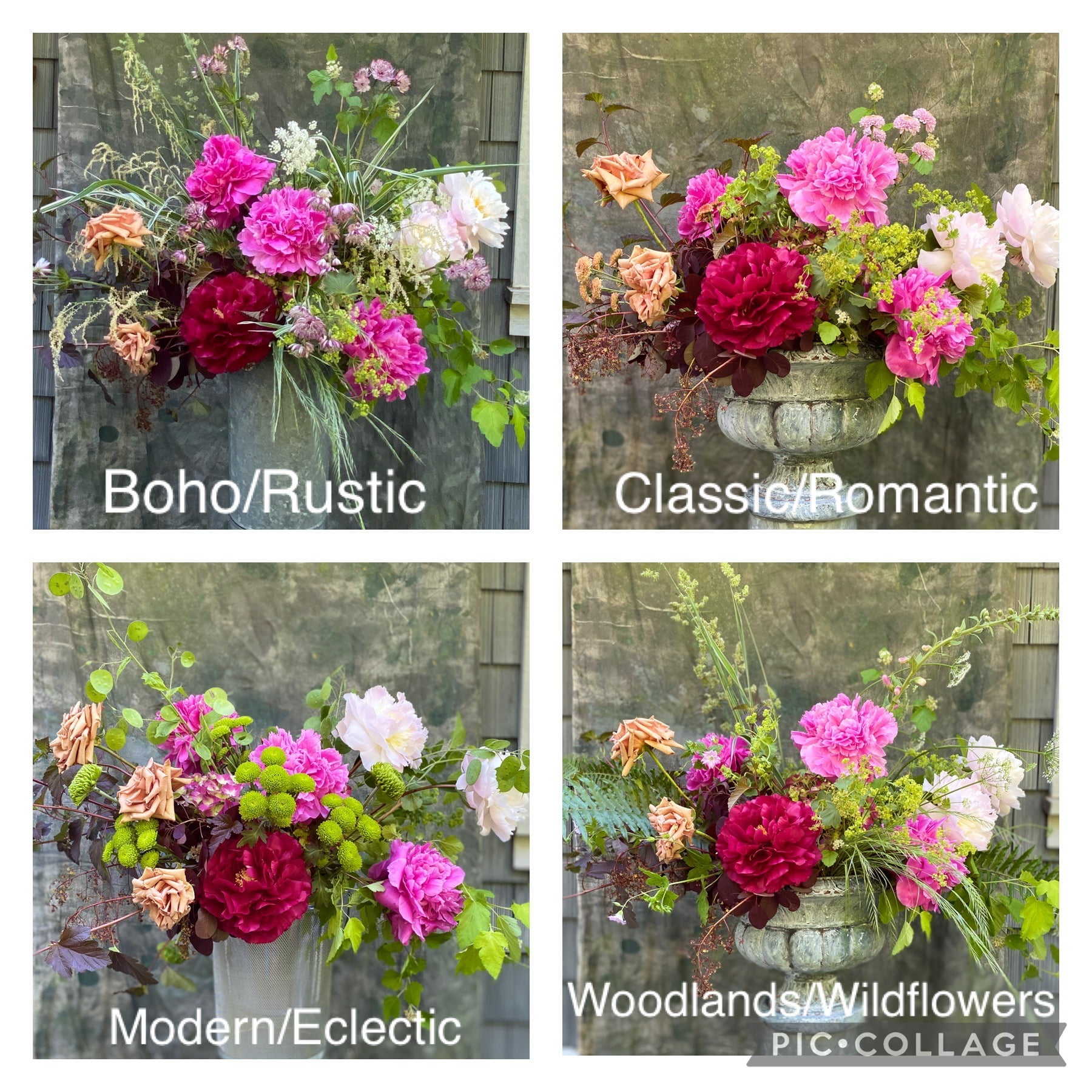 Four floral arrangements showcasing four floral design styles by Twiggage & Bloom: Boho/Rustic, Classic/romantic, modern/eclectic, and Woodland/Wildflowers.